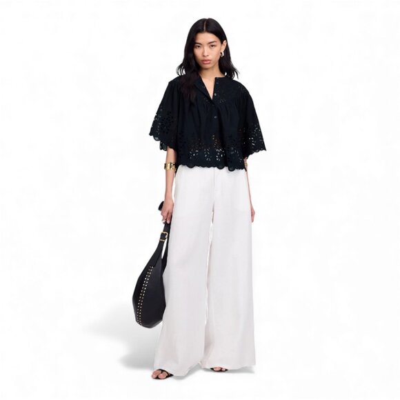 Madewell Black Embroidered Shirred Henley Top Size Small - Picture 4 of 11